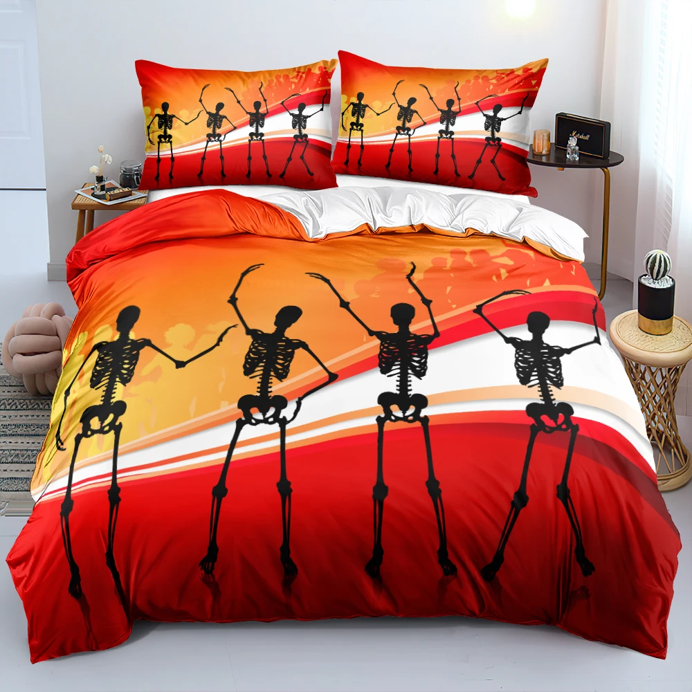 

3D Bed Linen Set Human Bones Duvet Cover with Pillowcases Energetic Orange Bedclothes Queen Bedding Sets 220x240cm For Boy Adult