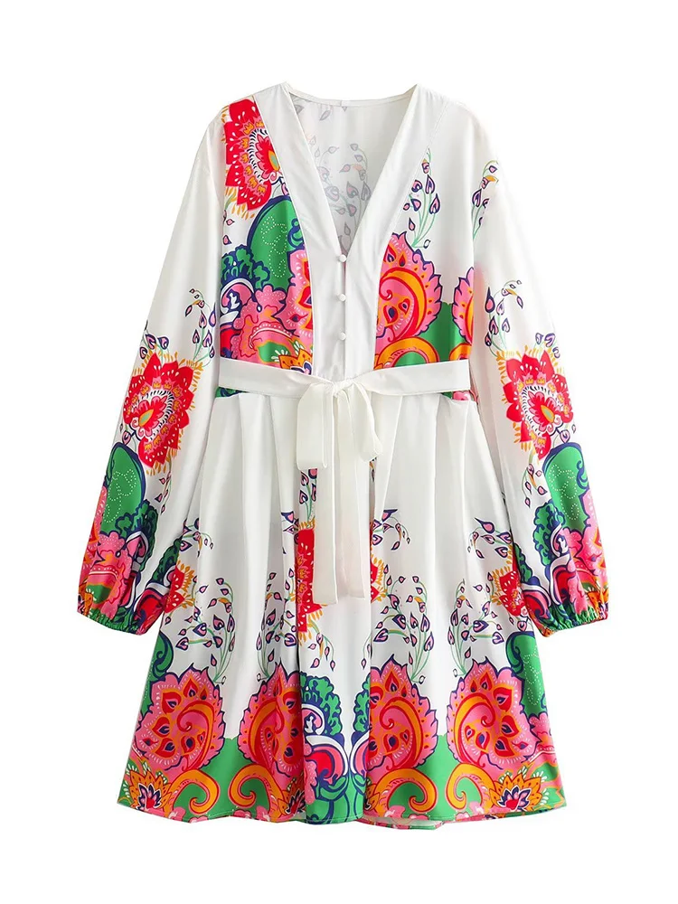 

HH TRAF Summer Floral Printed Hem Pleated Dresses Women's V Neck Cuffed Long Sleeves Belt Buttons Loose Retro Women's Midi Dress