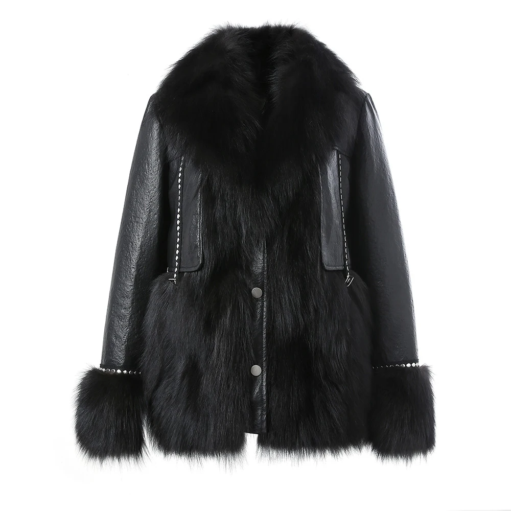 Lady Genuine Sheepskin Leather Jackets 2022 New Fashion Luxury Fur Coats Real Fox Fur Collar Cuffs Overcoats Winter Warm 3504