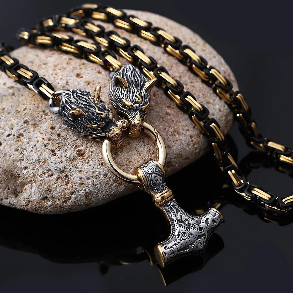 

Men Punk Norse Viking Necklace Chunky Necklace Stainless Steel Mjolnir Celtic Knot Wolf Head Chain Pendant Amulet Jewelry