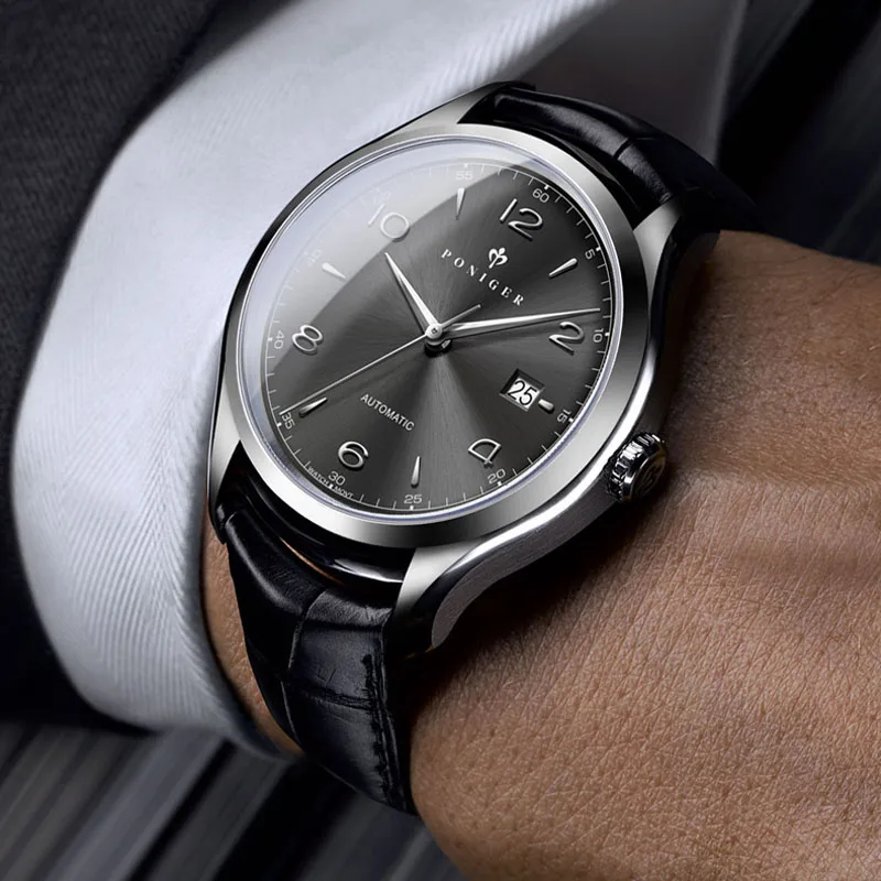 PONIGER Классические мужские механические часы из нержавеющей стали с кожаным