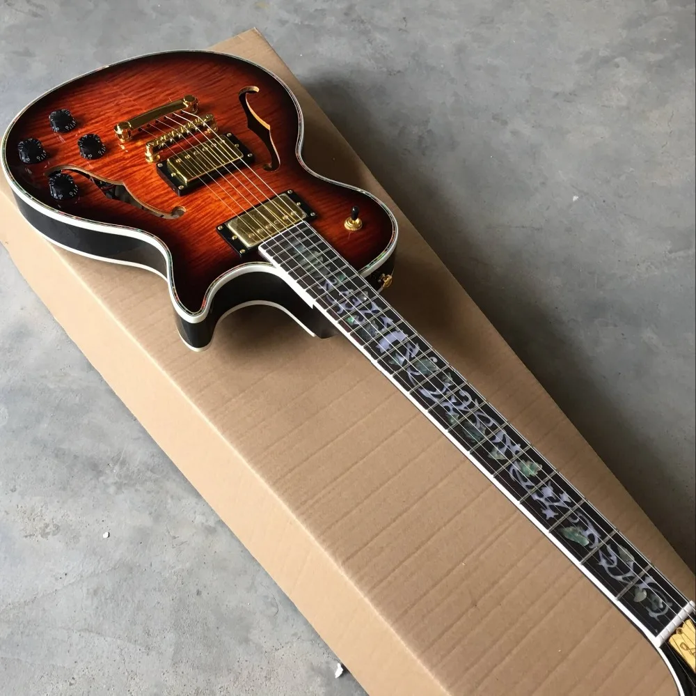 Пользовательский магазин. Электрическая гитара Tiger Flame Sunburst, цвет 6 отверстий, gitaar, полуполый корпус, джазовая гитара