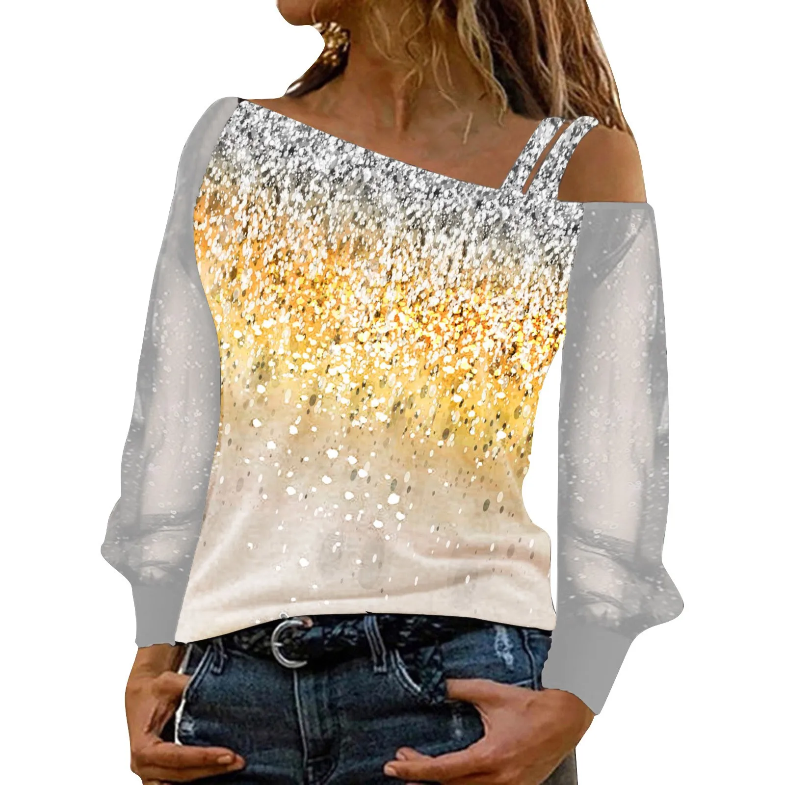 Женские футболки с блестками и открытыми плечами сексуальные топы диагональным