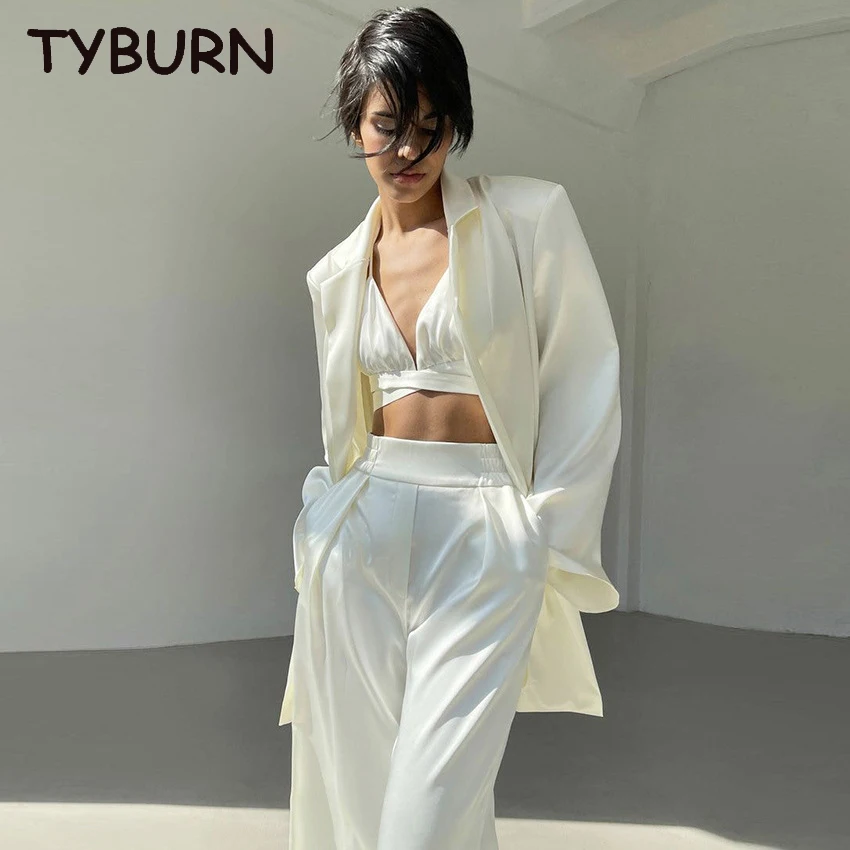 

TYBURN Spring Casual Vest Top Pants Three Piece Suit Elegant Satin Fashion Blazer 3 Piece Sets Womens Outfits