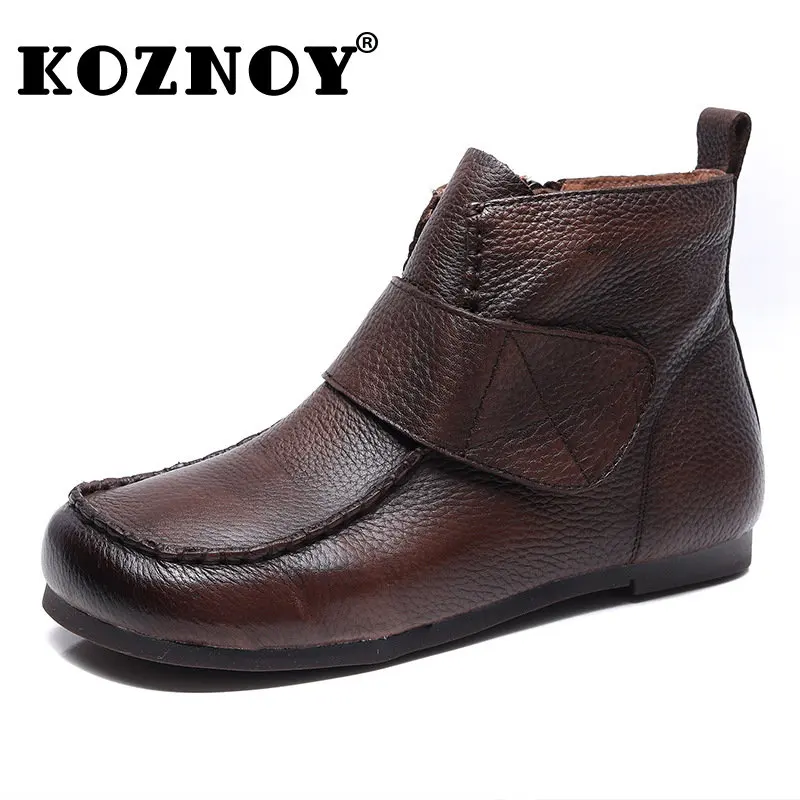 

Koznoy Handmade Boots 1.5cm Ethnic Sewing Genuine Leather Ankle Mid Calf Booties Flats Autumn Women Moccasins Hook Loafer Shoes