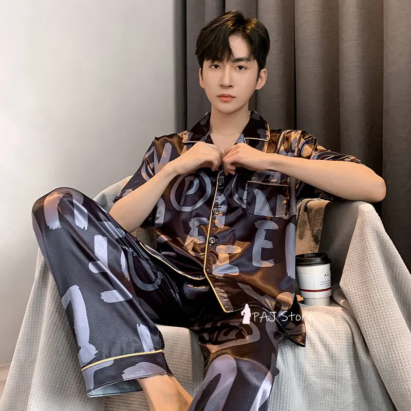 Men Sleepwear Silk Satin Pijama Set Pajama Sets Short Sleeve Sleep Home Clothes Man 2 Pieces Sets Home Suits Pyjamas L-5XL