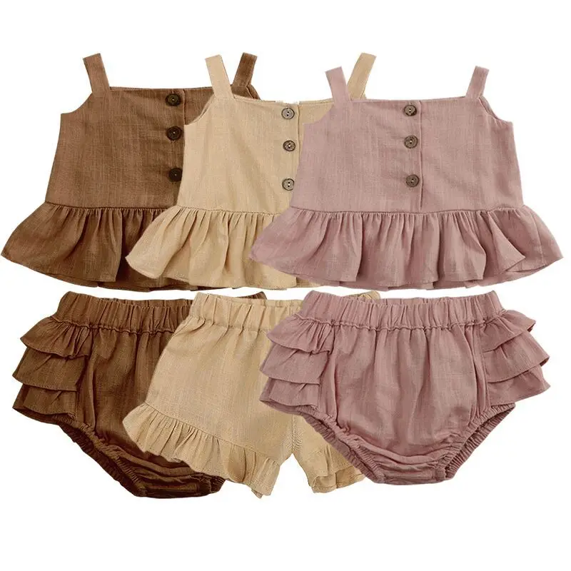 

2022 Kid Summer New Solid Set Girl Simple Sleeveless Sling Tees And Toddler Fashion Ruffled Shorts 2pc suit infant clothes