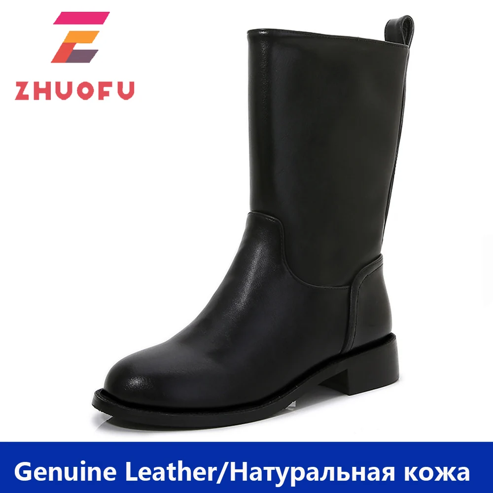 

Женские ботинки до середины икры ZHUOFU из натуральной кожи с круглым носком, Офисная повседневная обувь на низком каблуке для осени и зимы