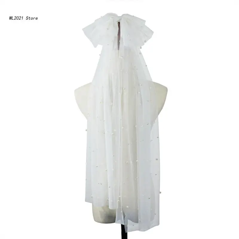 

Свадебная вуаль с зажимом, свадебная короткая иллюзионная вуаль с вырезами по краям с жемчугом и бантом