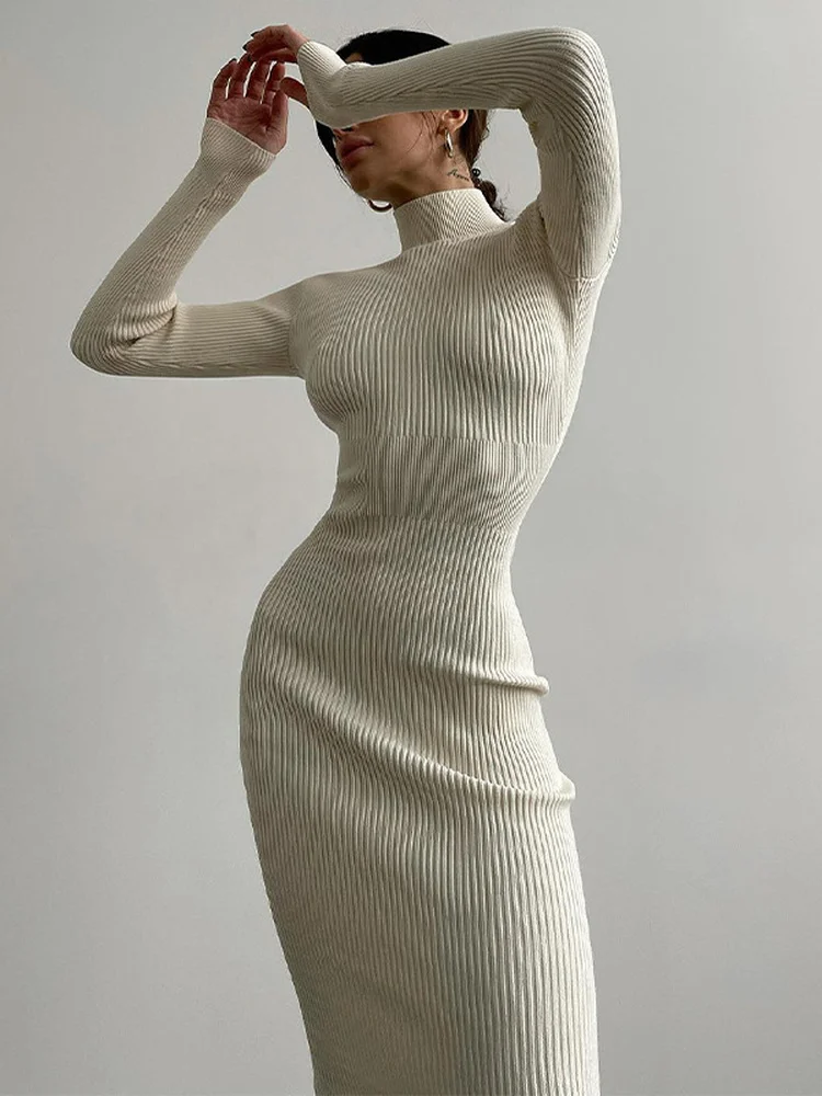 

Fashion Turtleneck Autumn Winter White Sweater Dress Sexy Elegant Women Long Sleeve Bodycon Mid-calf Ribbed Knit Party Vestidos