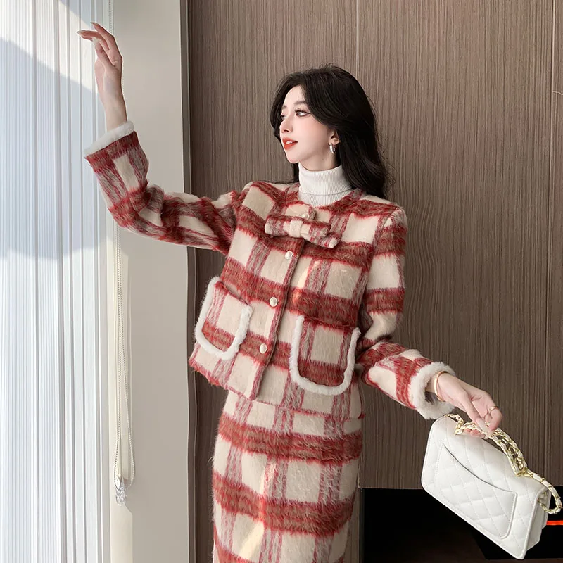 Новогодний мягкий клетчатый твидовый комплект для вечеринки из двух предметов