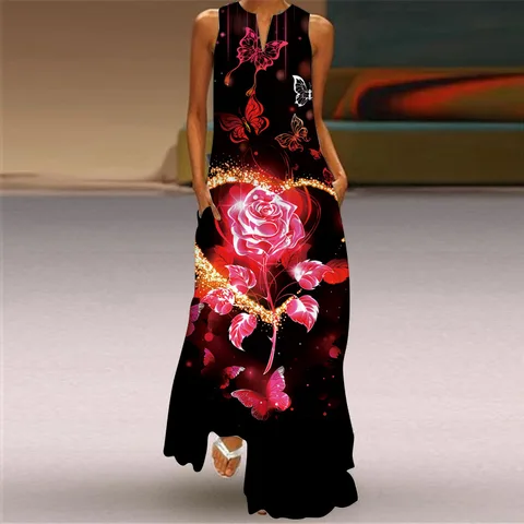 Movokaka Ladies Summer Long Dress Women Black Sleeveless V-neck Loose Elegant Dresses Casual Floral Print Vintage Women's Dress