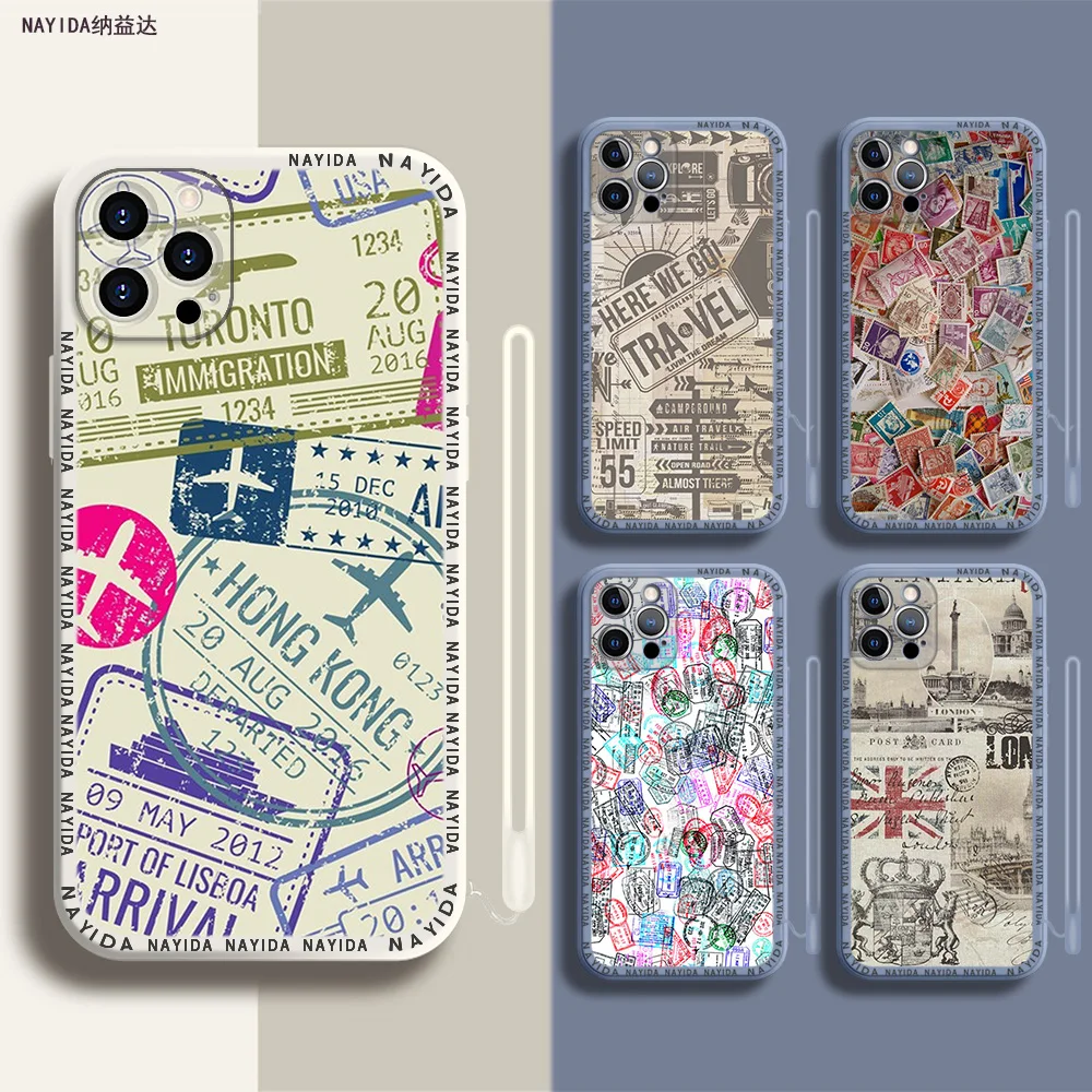 

Phone Case For iPhone 14 13 11 12 Mini Pro Max XS XR X Soft Silicone TPU Cover Retro Post Card passport stamps