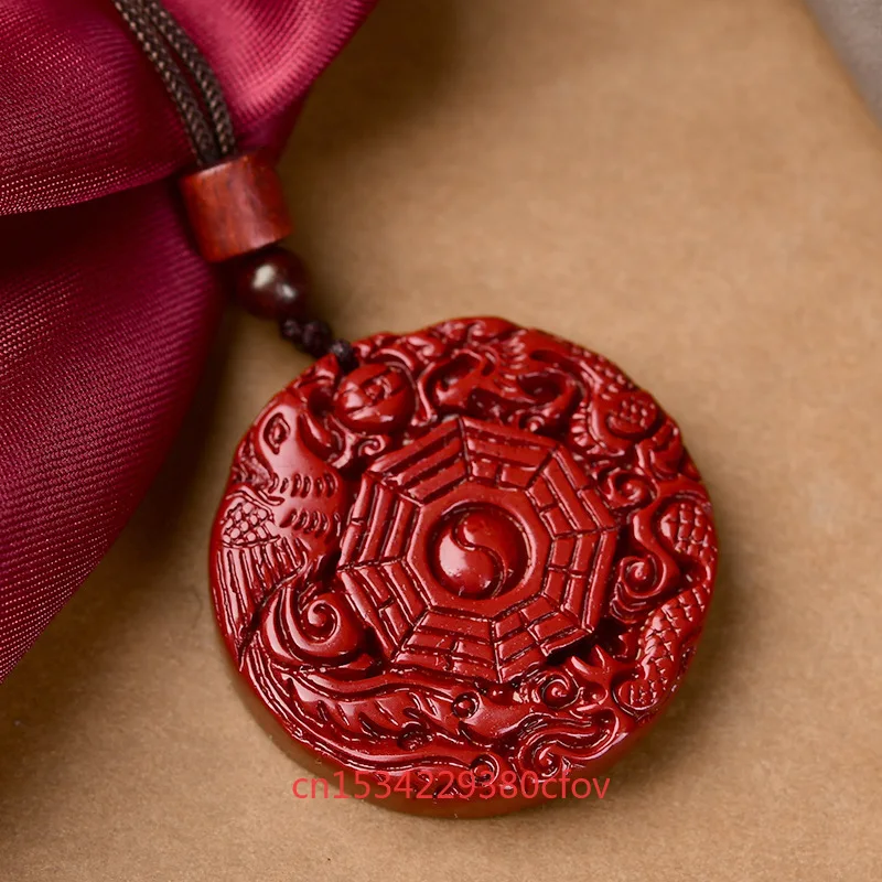 Роскошное красное киноварь Bagua кулон с драконом и фениксом ожерелье из