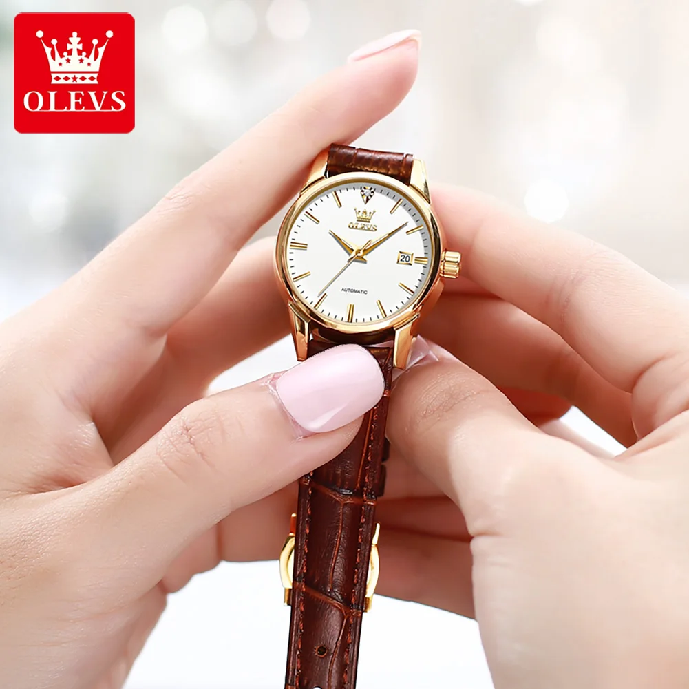 OLEVS Original Luxury Women Automatic Mechanical Watches Leather WristWatch Ladies Fashion Waterproof Classic Watch For Women enlarge