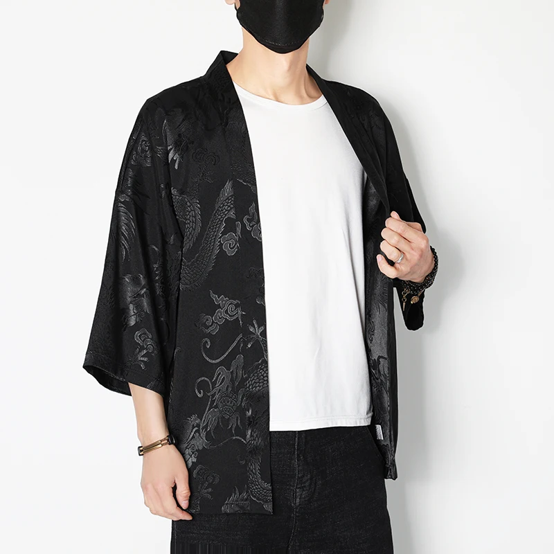 2022 Japanese Kimono Shirts Men's Cardigan Fashion Harajuku Summer Streetwear Silk Dragon Embroidery Casual Outer Clothes