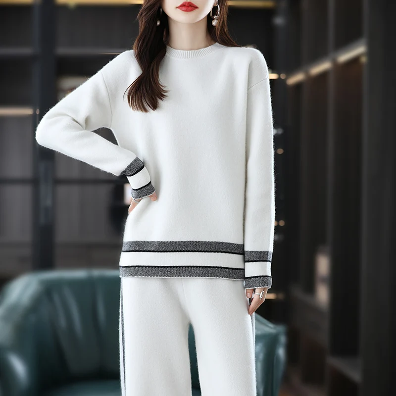 

Autumn And Winter New Cashmere Knitted Women's Sports Stitching Korean Version Retro 100% Wool O-Neck Warm Fashion Casual Suit