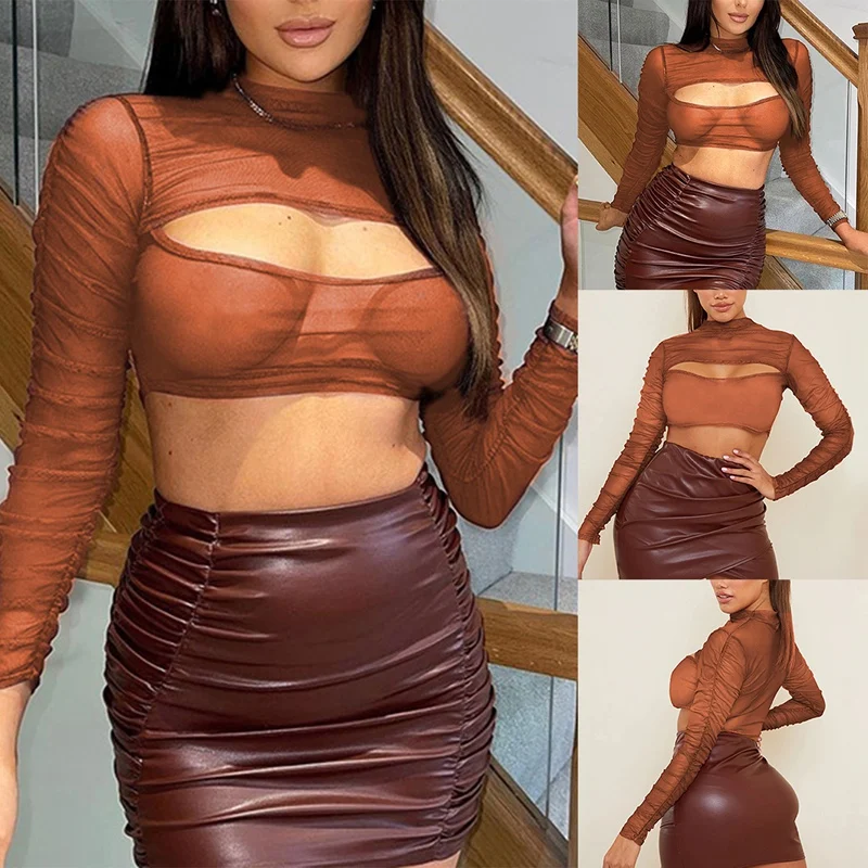 

Women's Fashion Sexy Mesh See-Through Hollow Half-High Collar Long Sleeve Top Brown