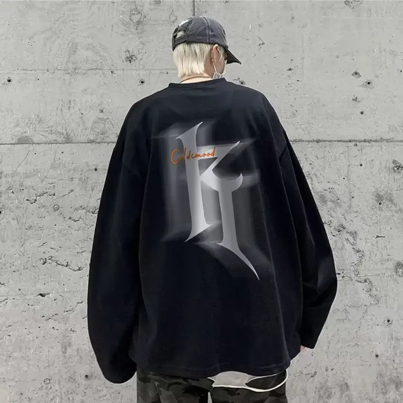 

Pure Cotton Long Sleeved T-shirt American Men's Autumn Fashion T-shirt Oversized Loose High Street Top Vintage Bottom Shirt