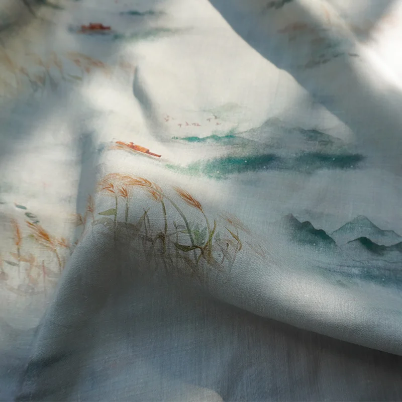 

High quality pure ramie fabric Landscape ink painting sewing clothing Gown Dress telas