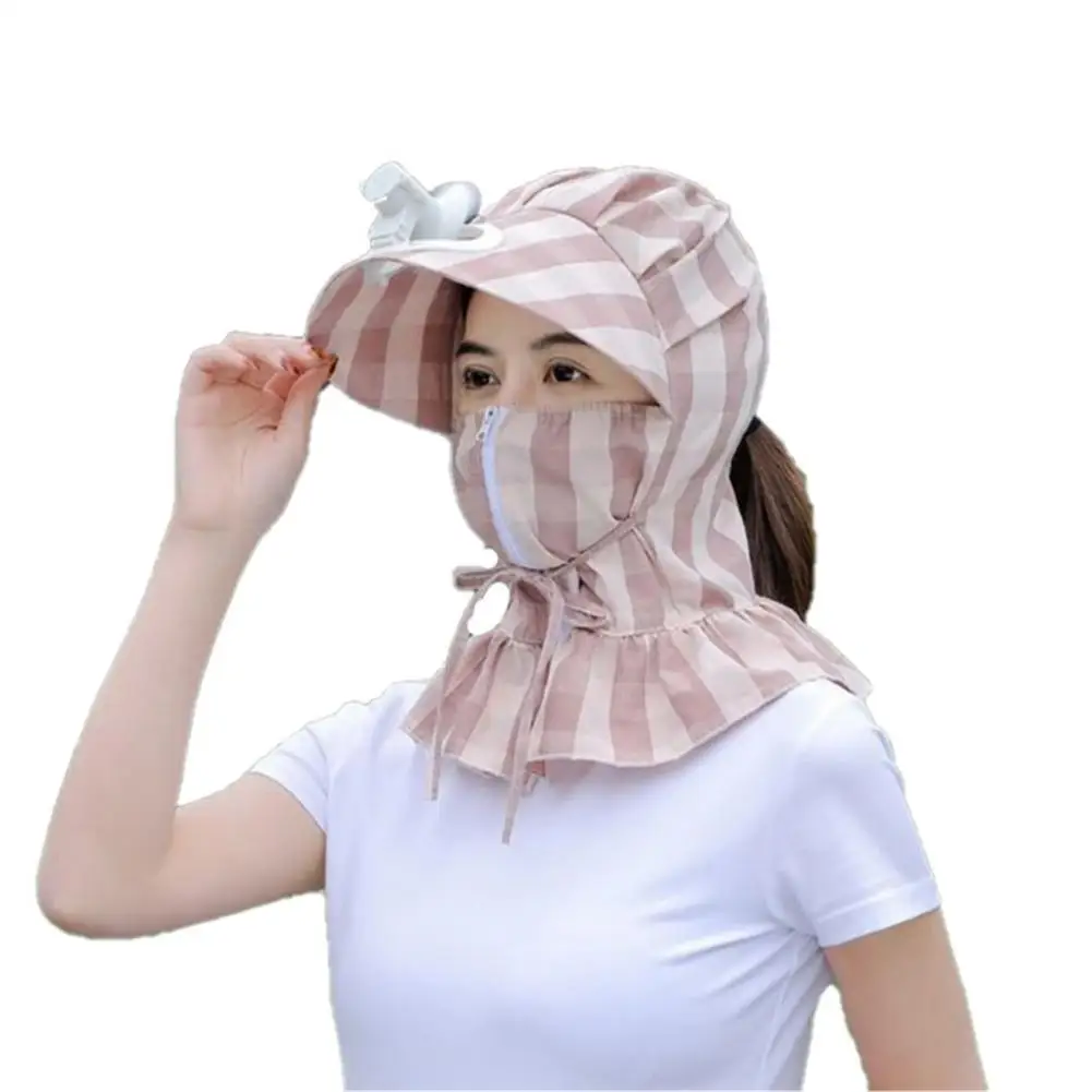 

New Women Summer Cycling Sunscreen Mask Cap With Fan Polyester Anti-UV Sun Hat Neck Face Protection Sunshade Hats for Gardening