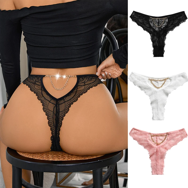 

3pcs/lot Lace Thongs Women Sexy Underwear Black White Pink Hollow Out Back Chain Perspective Bikinis Panties Tanga De Lujo
