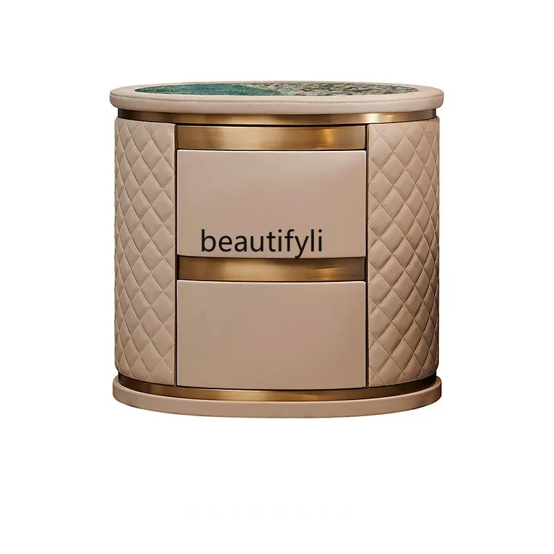 

yj Italian Light Luxury Stone Plate Bedside Table Modern & Minimalism Leather High-End Oval Bedside Cabinet