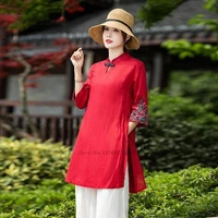 2022 chinese style cotton linen shirts flower chinese tops camisa china hanfu blouse cheongsam chiffon blouse oriental tang suit
