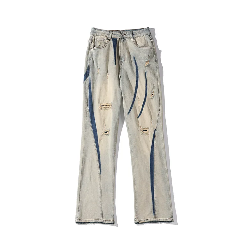 Vintage Yellow Mud Jeans Straight Leg Distressed Patchwork Ripped Denim Jeans Men High Street