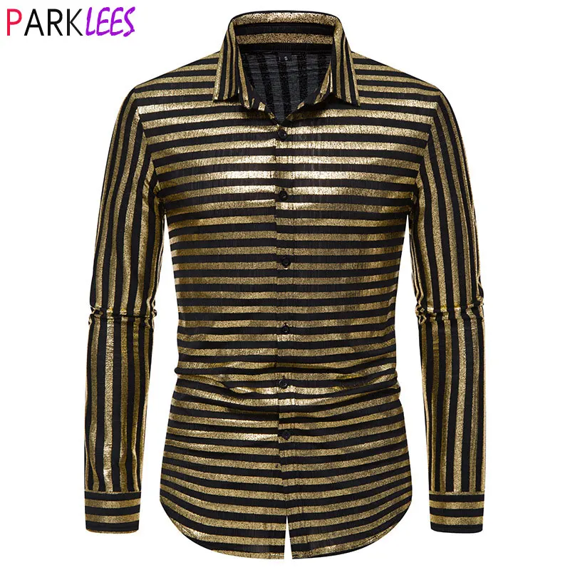 

Mens Vintage Striped Metallic 70s Disco Dance Shirt Long Sleeve Luxury Dress Shirts Nightclub Halloween Bday Party Stage Costume