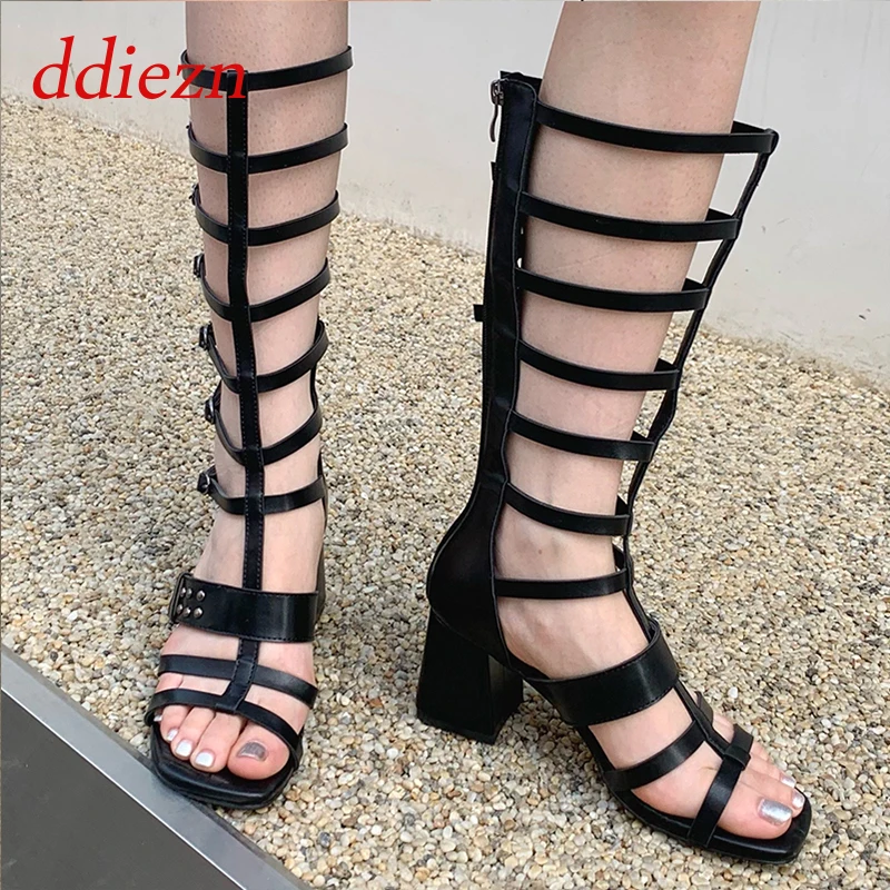 

Женские высокие сандалии-гладиаторы до колена, модная женская обувь на молнии, новая летняя Уличная обувь на толстом каблуке, черные женские сандалии
