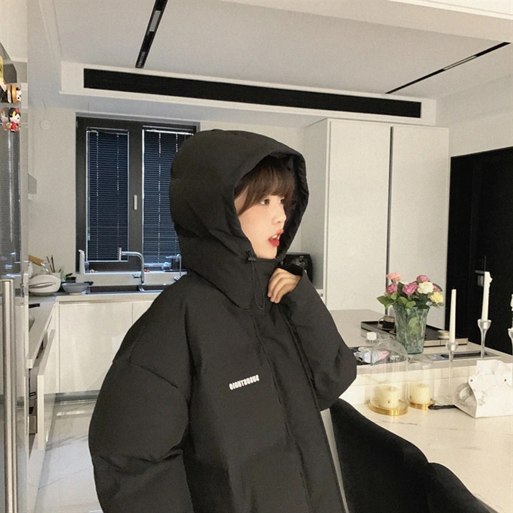2022 New Winter Solid Color Hooded Thickened Down Jacket For Students Loose Straight Cotton Jacket For Women
