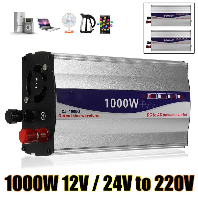 1000W Car Inverter Pure Sine Wave Power Voltage Converter LED Display 12V/ 24V To 220V Converter Low Voltage Protection