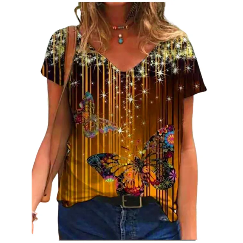

Female V neck short sleeve casual T-shirt, 3D butterfly printed blouse, large, loose, comfortable, summer shirt 2022