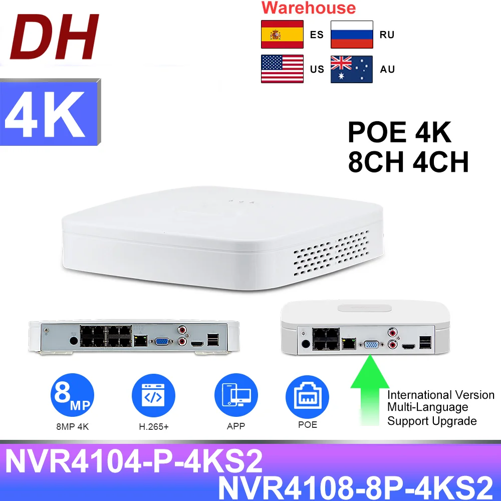 

Dahua NVR 4K PoE 4CH NVR4104-P-4KS2 8CH NVR4108-8P-4KS2 PoE CCTV Security Surveillance System Network Video Recorder