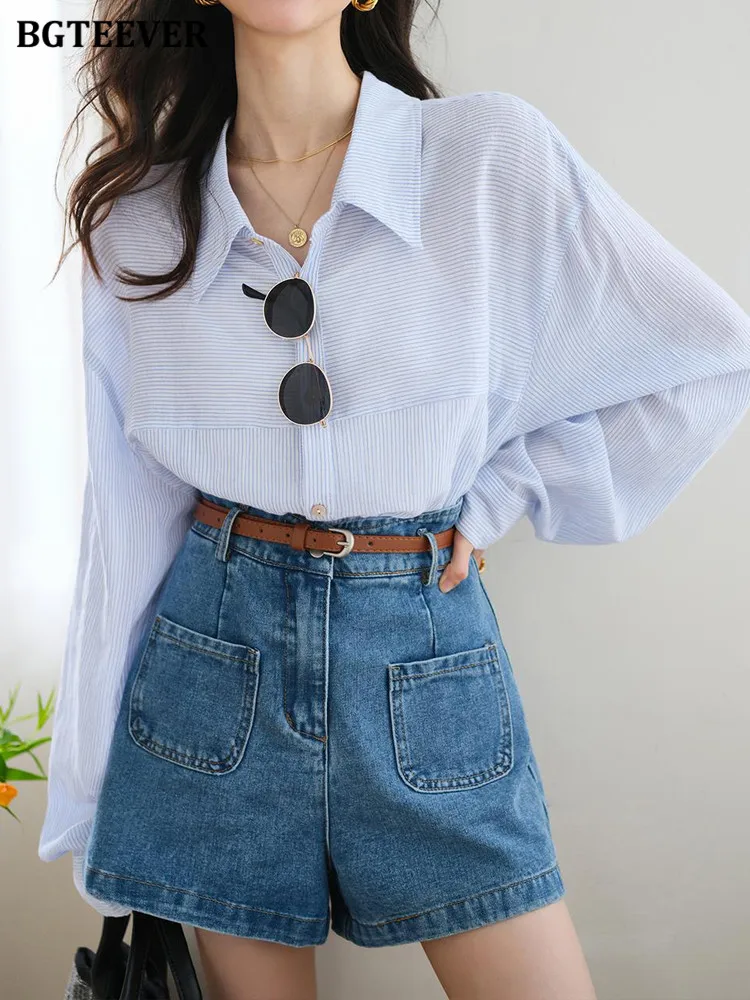 

Блузка BGTEEVER Женская в полоску, винтажная Свободная рубашка с длинным рукавом, с лацканами, повседневный топ в Корейском стиле, лето-осень