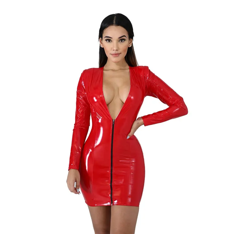 

Slim PU Patent Leather Sheath Dress Women Sexy Dresses Fashion Latex Patent Leather Bodycon Dress Wetlook Zipper Mini Dress