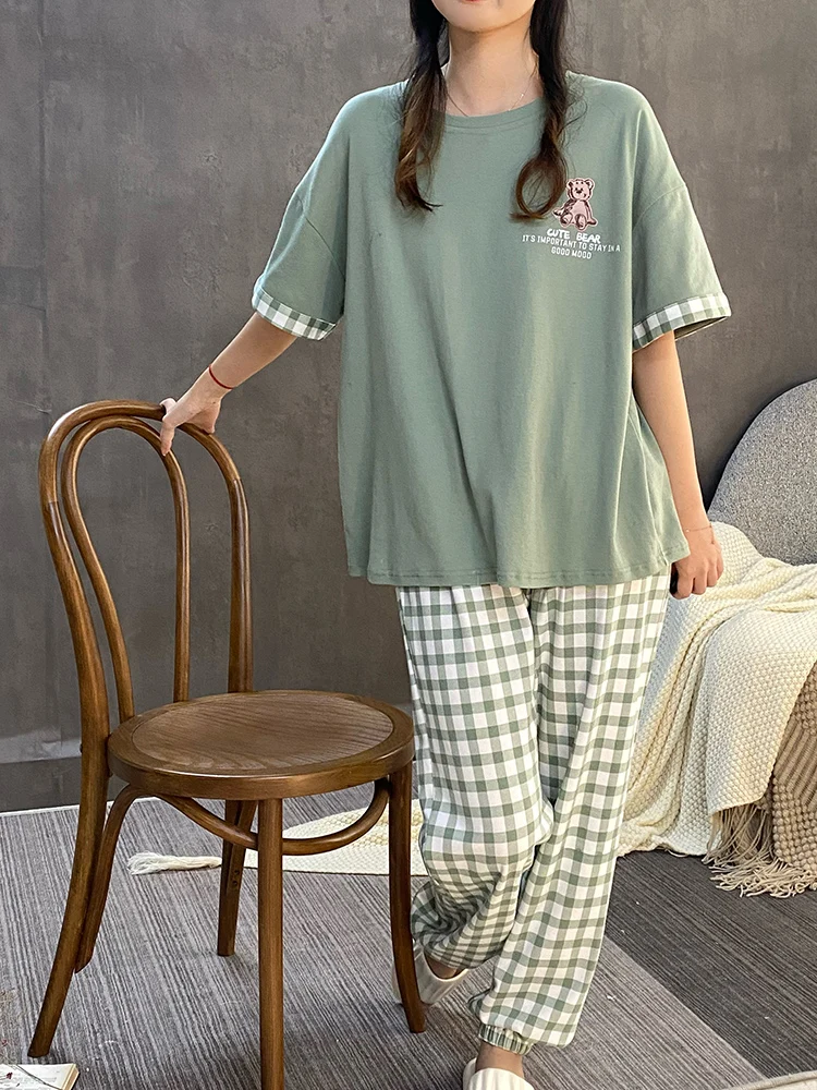 2024 New Pajamas Women's Spring Summer Cotton Short sleeve Pullover round Neck Can Be Worn outside Plaid Pants Home Wear Set