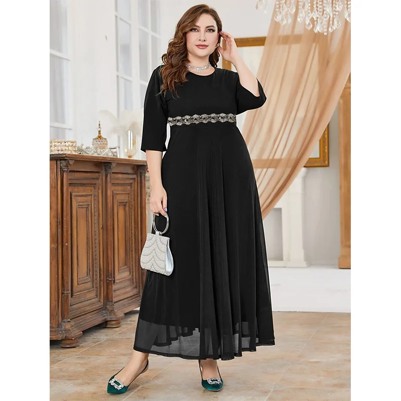 Plus Size Round Neck Stretch Royal Blue Chiffon Elegant Dress 5XL 6XL Summer Black Chiffon Loose Short Sleeve Plus Size Dresses