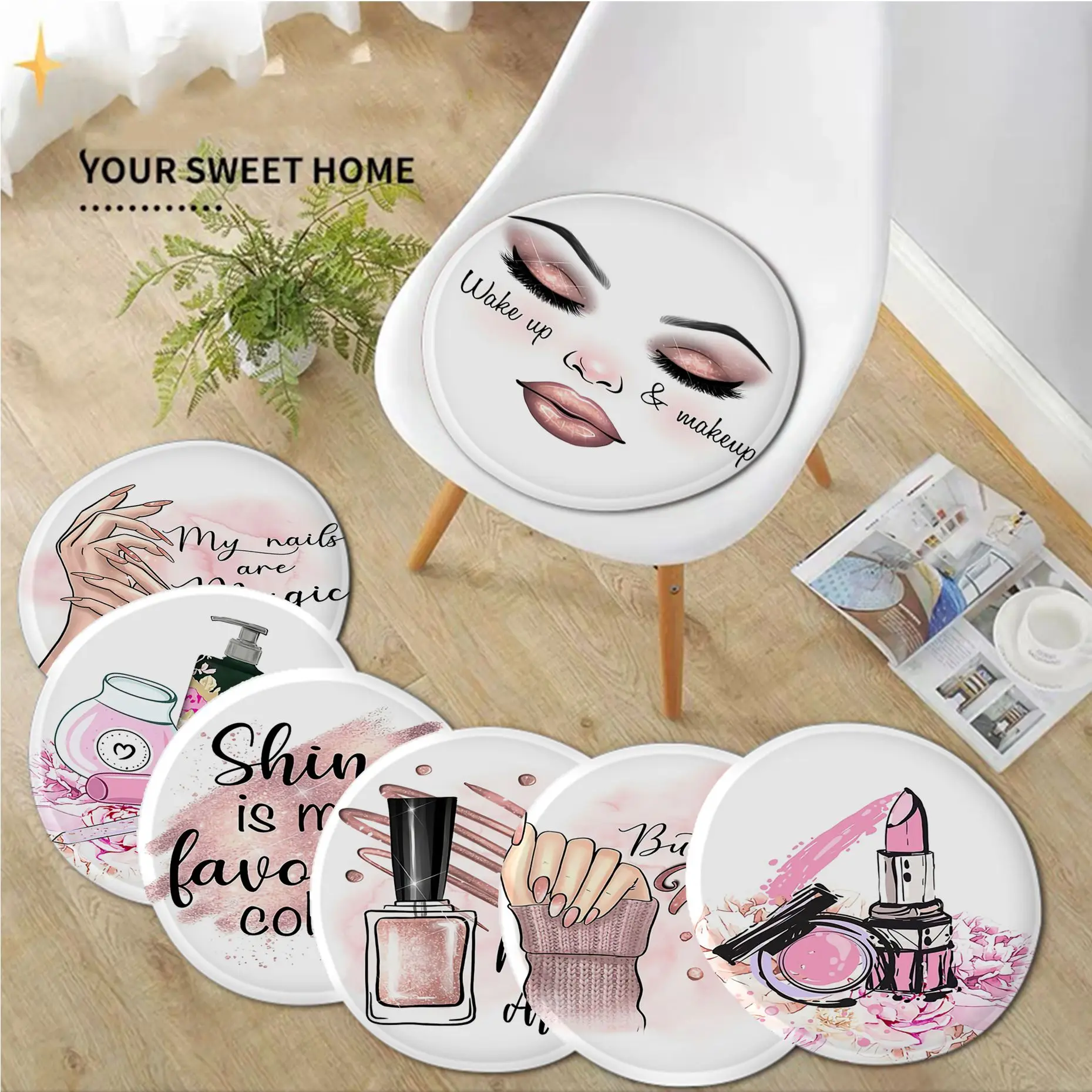 

Trendy Beauty Nail Salon Luxury Lipstick Square Dining Chair Cushion Circular Decoration Seat For Office Desk Seat Mat