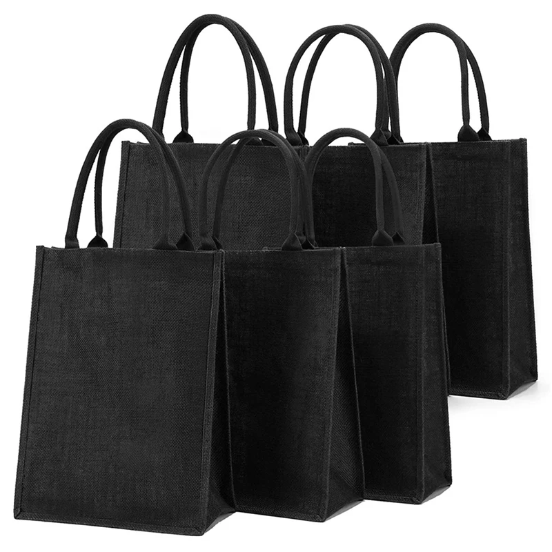 

Hot Kf-6PCS Jute Tote, Lined Burlap Tote Bags With Handles, Reusable Grocery Bag For Women Shopping Tote, Plain Black Jute Bags