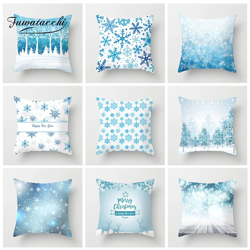 

Fuwatacchi Winter Snow Printed White Pillow Case Christmas Style Deer Cushion Cover Home Sofa Blue Decorative Throw Pillowcases