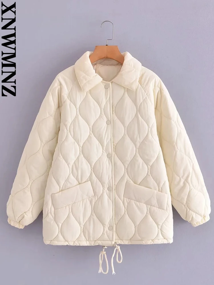 XNWMNZ 2022 women fashion rhombus drawstring cotton clothes woman loose pockets winter coat female chic cotton Outerwear