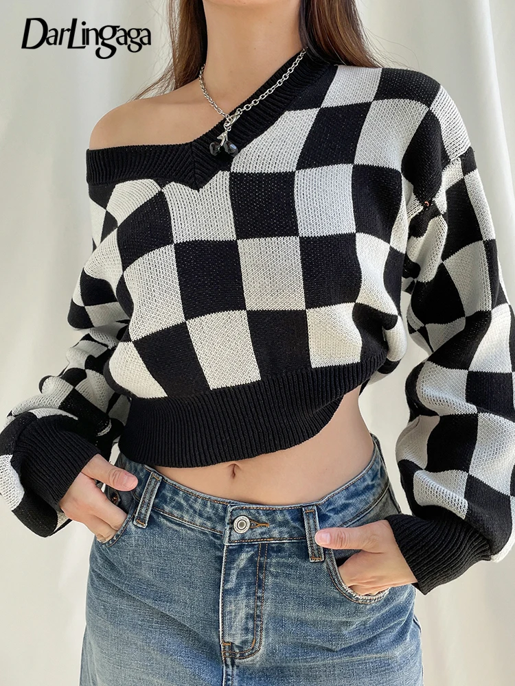 

Darlingaga Casual V Neck Black White Plaid Sweater Female Cropped Knit Pullover Tops Harajuku Gothic Autumn Sweaters Jumpers Y2K