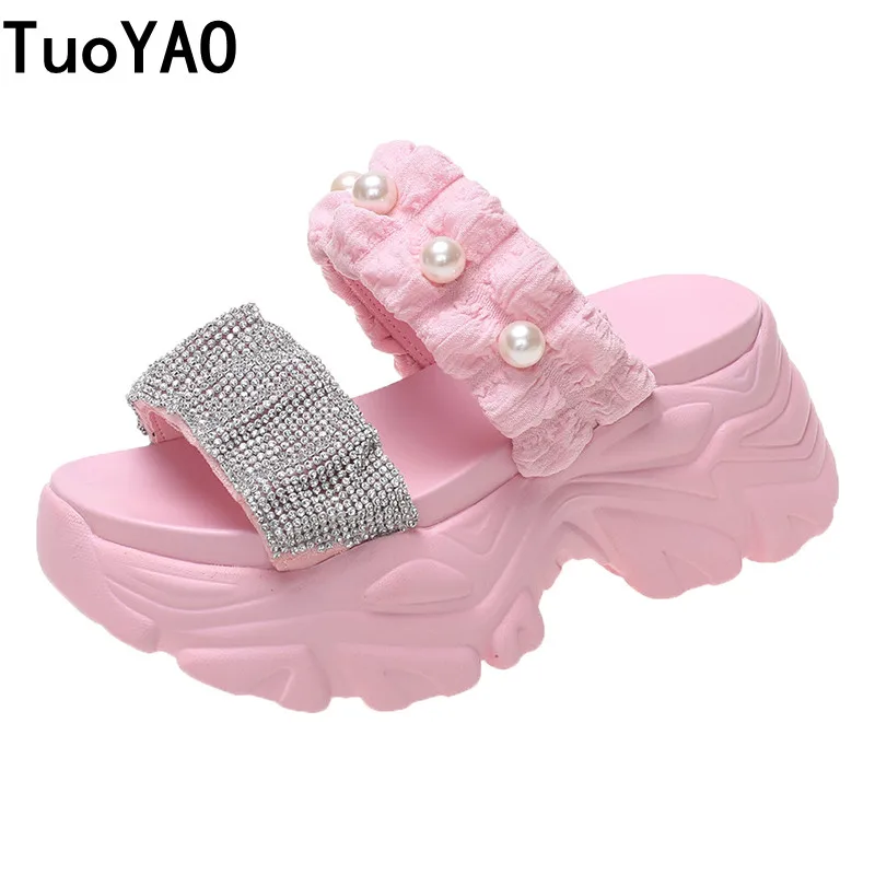 

New Summer Women Slippers Flip-Flops Ladies Beach Bling Shoes Wedge Heels Shoes Woman High Platform Slippers Outside Sandals 7CM