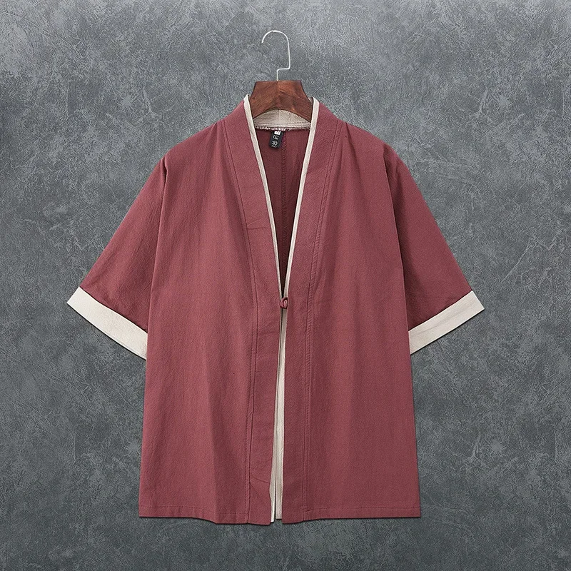 

Linen Tang Suit Taoist Robe Men's Loose Thin Section Japanese Kimono Three-quarter Sleeve Hanfu Cloak Coat