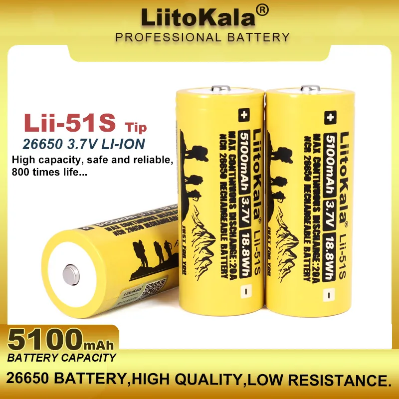 

1-10PCS Liitokala LII-51S 26650 20A 3.7V Power Rechargeable Lithium Battery 26650A 5100mA Suitable For Flashlight (NO PCB)