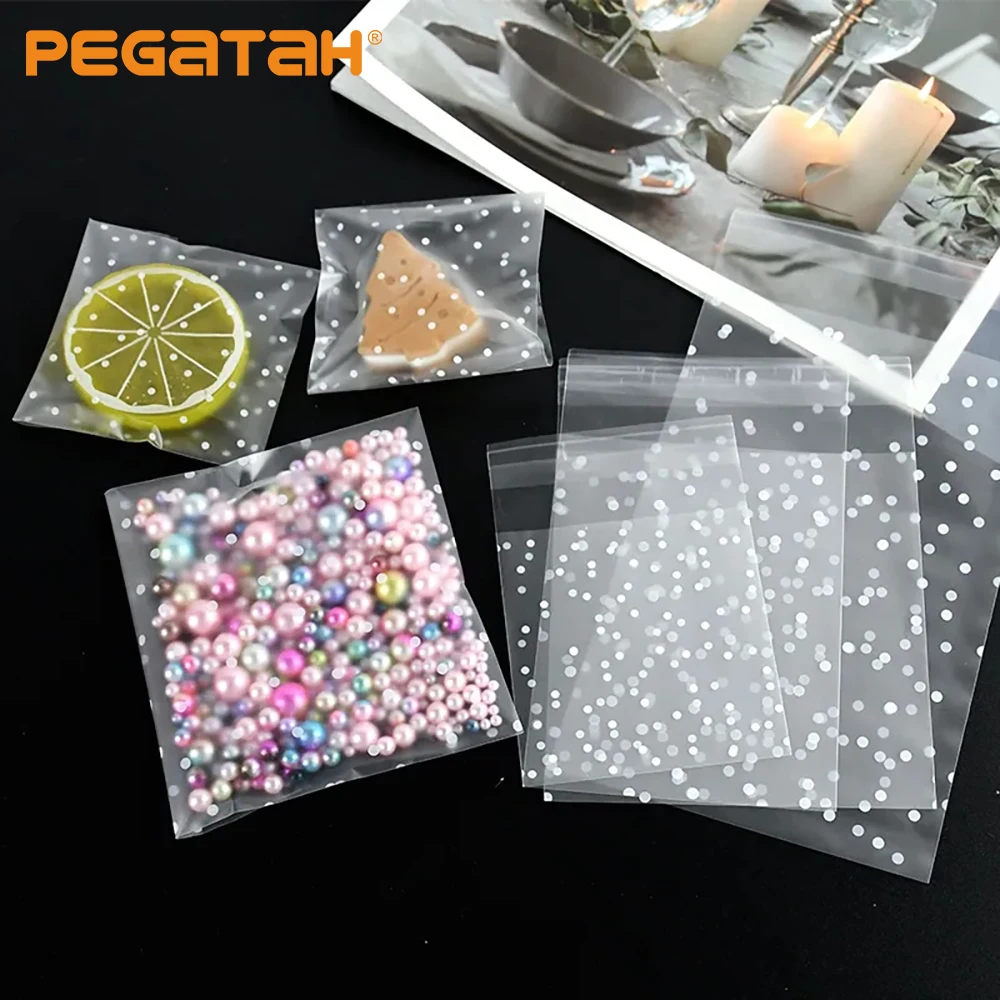 

100pcs Plastic Transparent Packing Bags Polka Dot Candy Cookie Gift Bag DIY Self Adhesive Pouch Candy Bags for Party