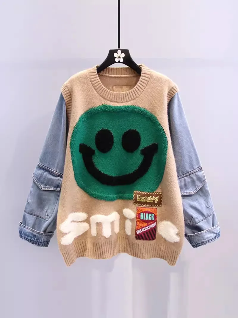 Свободный свитер с улыбающимся лицом женские топы джинсовый пуловер рукавом и