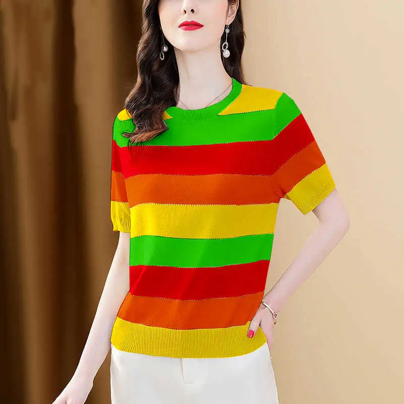 

Striped Ice Silk Knitted Short Sleeve Thin T-Shirt 2022 Summer New Leisure Joker Temperament Women's Jacket